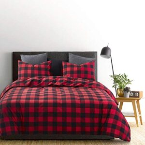 Wake In Cloud - Red Black Plaid Duvet Cover Set, 100% Washed Cotton Bedding, Buffalo Check Gingham Plaid Geometric Checker Pattern, with Zipper Closure (3pcs, King Size)