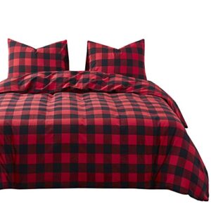 Wake In Cloud - Red Black Plaid Duvet Cover Set, 100% Washed Cotton Bedding, Buffalo Check Gingham Plaid Geometric Checker Pattern, with Zipper Closure (3pcs, Queen Size)