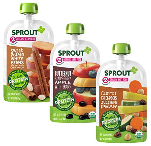 Sprout Organics, Stage 2 Variety Pack, Sweet Potato White Bean, Butternut Blueberry & Carrot Chickpea, 6+ Month Pouches, 3.5 oz (18-count) (Flavours May Vary)