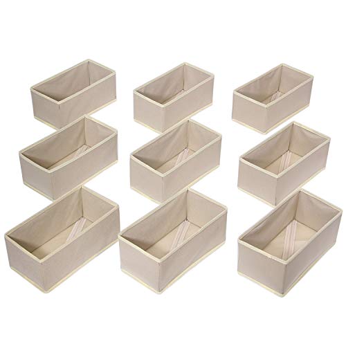 DIOMMELL 9 Pack Foldable Cloth Storage Box Closet Dresser Drawer Organizer Fabric Baskets Bins Containers Divider for Clothes Underwear Bras Socks Lingerie Clothing,Beige 090