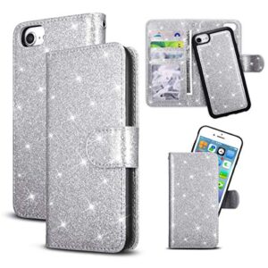 qltypri iphone 7 plus case iphone 8 plus case glitter pu leather wallet case detachable magnetic slim case with card slots kickstand 2 in 1 design removable back cover for iphone 7p 8p - silver
