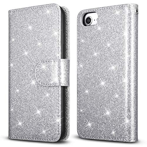 QLTYPRI iPhone 7 Plus Case iPhone 8 Plus Case Glitter PU Leather Wallet Case Detachable Magnetic Slim Case with Card Slots Kickstand 2 in 1 Design Removable Back Cover for iPhone 7P 8P - Silver