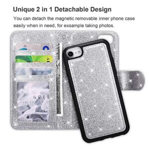 QLTYPRI iPhone 7 Plus Case iPhone 8 Plus Case Glitter PU Leather Wallet Case Detachable Magnetic Slim Case with Card Slots Kickstand 2 in 1 Design Removable Back Cover for iPhone 7P 8P - Silver