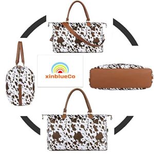 xinblueCo Cow Print Weekender Duffle Bag For Women Travel Tote Bag Overnight Weekend Bag Large Capacity Shoulder Bag, Brown