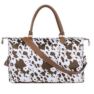 xinblueco cow print weekender duffle bag for women travel tote bag overnight weekend bag large capacity shoulder bag, brown