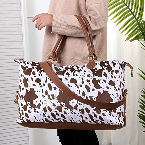 xinblueCo Cow Print Weekender Duffle Bag For Women Travel Tote Bag Overnight Weekend Bag Large Capacity Shoulder Bag, Brown