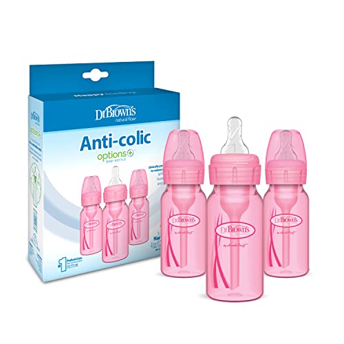 Dr. Brown’s Natural Flow® Anti-Colic Options+™ Narrow Baby Bottles 4 oz/120 mL, with Level 1 Slow Flow Nipple, 3 Pack, 0m+ Pink