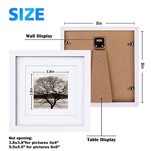 Egofine 8x8 Picture Frames 4 PCS - Made of Solid Wood Covered by Plexiglass for Table Top Display and Wall Mounting Photo Frame for Pictures 4x4/6x6 with Mat White