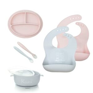 kcuina silicone baby feeding set - suction plate, bowl with lid, baby spoons, and bibs. first stage self-feeding utensils set. food grade silicone. bpa free.