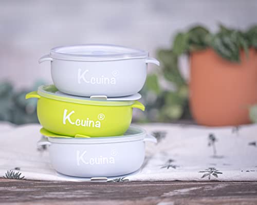 Kcuina Silicone Baby Feeding Set - Suction Plate, Bowl with Lid, Baby Spoons, and Bibs. First Stage Self-Feeding Utensils Set. Food Grade Silicone. BPA Free.