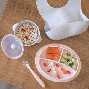 Kcuina Silicone Baby Feeding Set - Suction Plate, Bowl with Lid, Baby Spoons, and Bibs. First Stage Self-Feeding Utensils Set. Food Grade Silicone. BPA Free.