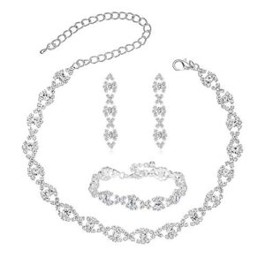 miraculous garden 3 pack silver plating rhinestone crystal choker necklace link bracelet dangle earrings jewelry sets for women girls