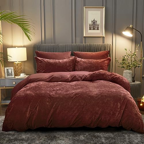 PHF Truly Velvet Duvet Cover Set Queen Size, 3pcs Ultra Soft Breathable Comforter Cover Set, Luxury Cozy Flannel Duvet Cover with Pillow Shams Bedding Collection, 90" x 90", Burgundy/Rust Red