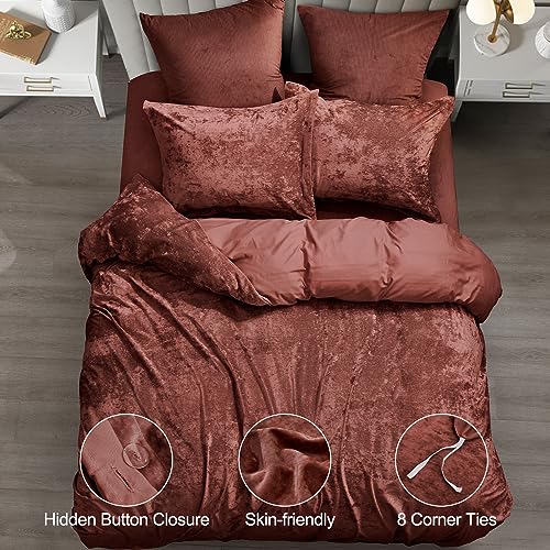 PHF Truly Velvet Duvet Cover Set Queen Size, 3pcs Ultra Soft Breathable Comforter Cover Set, Luxury Cozy Flannel Duvet Cover with Pillow Shams Bedding Collection, 90" x 90", Burgundy/Rust Red