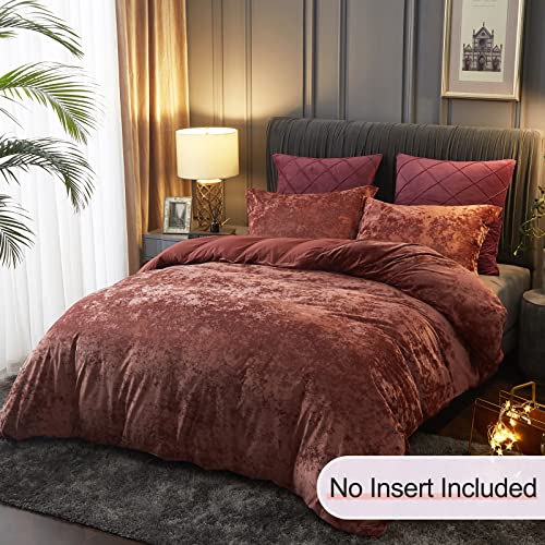 PHF Truly Velvet Duvet Cover Set Queen Size, 3pcs Ultra Soft Breathable Comforter Cover Set, Luxury Cozy Flannel Duvet Cover with Pillow Shams Bedding Collection, 90" x 90", Burgundy/Rust Red