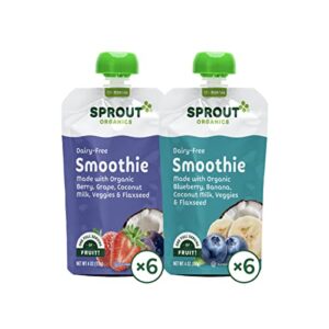 sprout organic baby food, stage 4 toddler smoothie pouches, blueberry banana & berry with coconut milk variety pack, 4 oz purees (pack of 12)