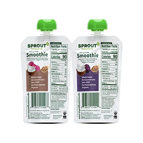Sprout Organic Baby Food, Stage 4 Toddler Smoothie Pouches, Blueberry Banana & Berry with Coconut Milk Variety Pack, 4 Oz Purees (Pack of 12)