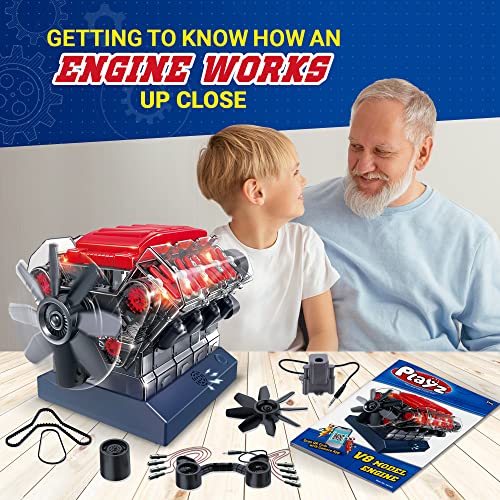 Playz V8 Combustion Engine Model Building Kit for Kids, Adults - STEM Hobby Toy, Educational Engineering & Science Kit for Aspiring Engineers Ages 12+ w/ DIY Guide & Realistic Mini Parts That Run