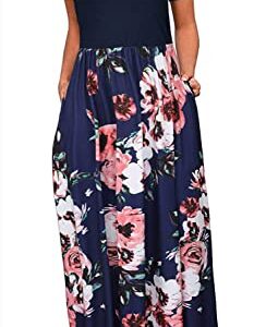 Kancystore Women's Cold Shoulder Floral Print Dresses Swing Long Dress with Pockets (Navy Blue_XXL)