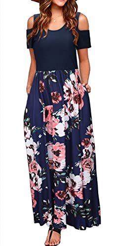 Kancystore Women's Cold Shoulder Floral Print Dresses Swing Long Dress with Pockets (Navy Blue_XXL)