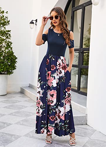 Kancystore Women's Cold Shoulder Floral Print Dresses Swing Long Dress with Pockets (Navy Blue_XXL)