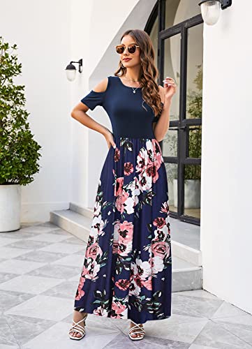 Kancystore Women's Cold Shoulder Floral Print Dresses Swing Long Dress with Pockets (Navy Blue_XXL)