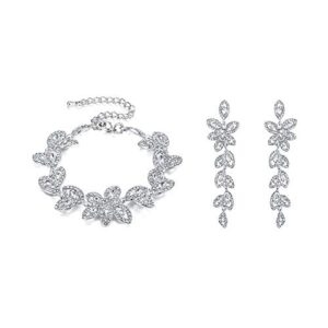 brilove wedding bridal bracelet earrings set for women crystal multi marquise-shape leaf tennis bracelet dangle earrings set clear silver-tone