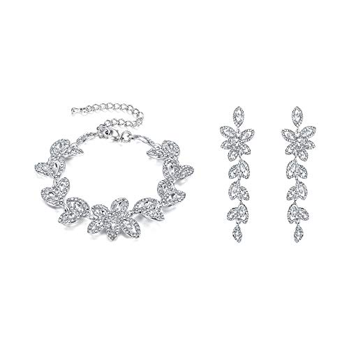 BriLove Wedding Bridal Bracelet Earrings Set for Women Crystal Multi Marquise-Shape Leaf Tennis Bracelet Dangle Earrings Set Clear Silver-Tone