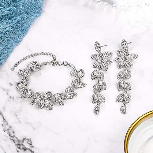 BriLove Wedding Bridal Bracelet Earrings Set for Women Crystal Multi Marquise-Shape Leaf Tennis Bracelet Dangle Earrings Set Clear Silver-Tone