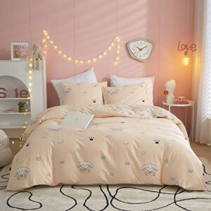 stacypik girl duvet cover twin cup rabbit print kawaii soft bedding duvet cover set-solid pale pink 100% cotton comforter cover bedding collections cute animal for kids teen women with zipper ties