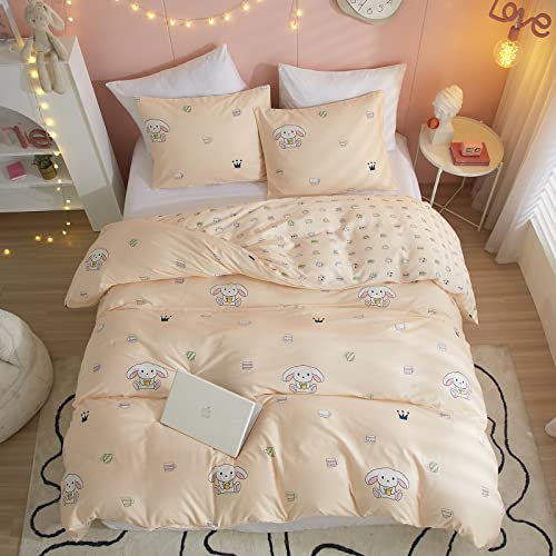 STACYPIK Girl Duvet Cover Twin Cup Rabbit Print Kawaii Soft Bedding Duvet Cover Set-Solid Pale Pink 100% Cotton Comforter Cover Bedding Collections Cute Animal for Kids Teen Women with Zipper Ties