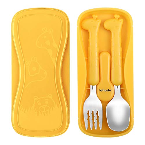 Toddler Utensils Kids Spoon and Fork Set 18/8 Stainless Steel Silverware BPA Free Cute Giraffe Child Flatware with Travel Case for Age 3+