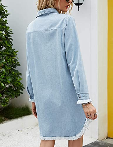 Zilcremo Women Denim Shirt Dresses Long Sleeve Distressed Jean Dress Button Down Casual Tunic Top Lightblue S