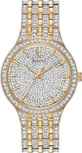 bulova ladies' crystal phantom gold tone stainless steel 2-hand quartz watch, 440 crystals and pave dial style: 98l263