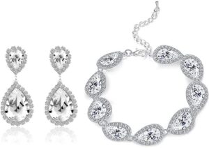 paxuan womens teardrop white champagne crystal wedding bridal jewelry set teardrop pendant necklace drop dangle earrings set (silver plated white crystal bracelet + earrings)