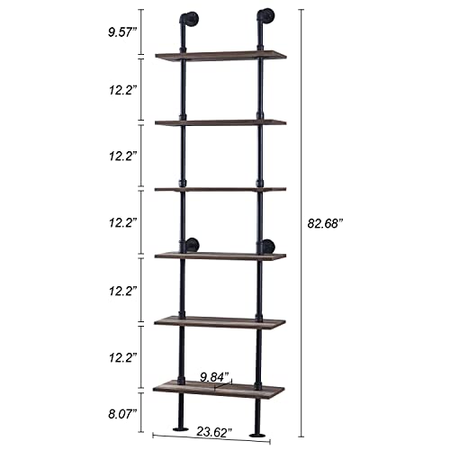 HOMBAZAAR Industrial Bookshelf 6-Tier Modern Ladder Shelf, Vintage Metal Pipes and Wood Shelves, Rustic Display Bookshelf for Storage Collection, Oak Brown