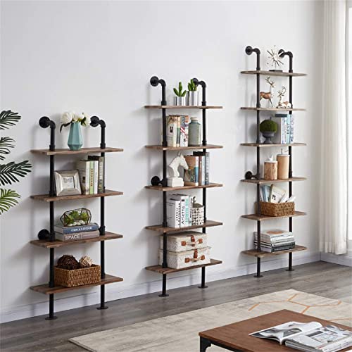 HOMBAZAAR Industrial Bookshelf 6-Tier Modern Ladder Shelf, Vintage Metal Pipes and Wood Shelves, Rustic Display Bookshelf for Storage Collection, Oak Brown