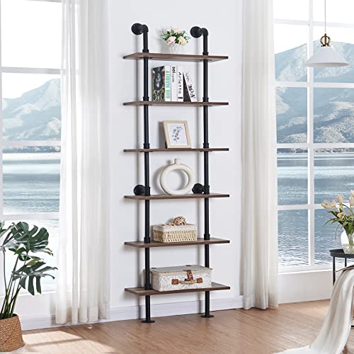 HOMBAZAAR Industrial Bookshelf 6-Tier Modern Ladder Shelf, Vintage Metal Pipes and Wood Shelves, Rustic Display Bookshelf for Storage Collection, Oak Brown