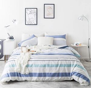 susybao blue striped duvet cover king 100% cotton white striped duvet cover 3 pieces set 1 geometric striped duvet cover with zipper ties 2 pillowcases luxury soft blue striped bedding set breathable