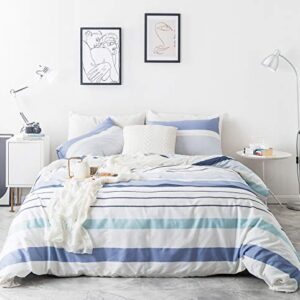 SUSYBAO Blue Striped Duvet Cover King 100% Cotton White Striped Duvet Cover 3 Pieces Set 1 Geometric Striped Duvet Cover with Zipper Ties 2 Pillowcases Luxury Soft Blue Striped Bedding Set Breathable