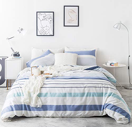 SUSYBAO Blue Striped Duvet Cover King 100% Cotton White Striped Duvet Cover 3 Pieces Set 1 Geometric Striped Duvet Cover with Zipper Ties 2 Pillowcases Luxury Soft Blue Striped Bedding Set Breathable