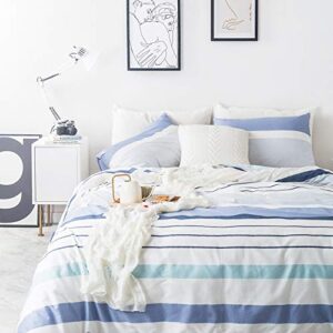 SUSYBAO Blue Striped Duvet Cover King 100% Cotton White Striped Duvet Cover 3 Pieces Set 1 Geometric Striped Duvet Cover with Zipper Ties 2 Pillowcases Luxury Soft Blue Striped Bedding Set Breathable