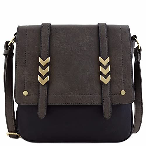 ALYSSA Double Compartment Large Two-Tone Colorblock Flapover Crossbody Bag (Charcoal Grey/Black)