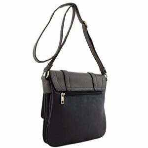 ALYSSA Double Compartment Large Two-Tone Colorblock Flapover Crossbody Bag (Charcoal Grey/Black)