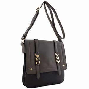 ALYSSA Double Compartment Large Two-Tone Colorblock Flapover Crossbody Bag (Charcoal Grey/Black)