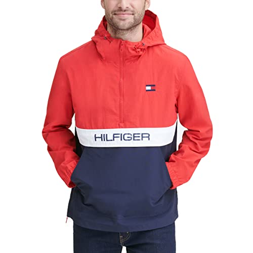 Tommy Hilfiger Men's Lightweight Taslan Hooded Popover Windbreaker Jacket Outerwear, -Red/Navy Color Block, Large