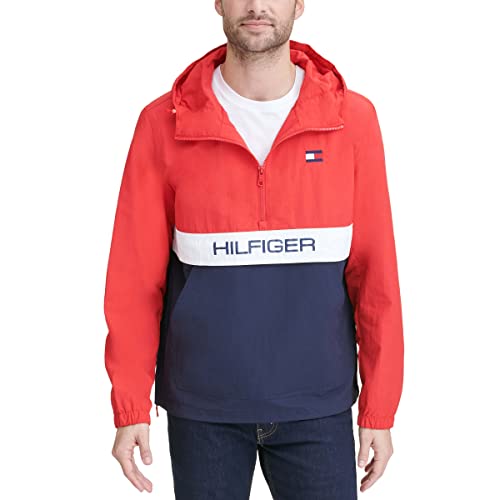 Tommy Hilfiger Men's Lightweight Taslan Hooded Popover Windbreaker Jacket Outerwear, -Red/Navy Color Block, Large