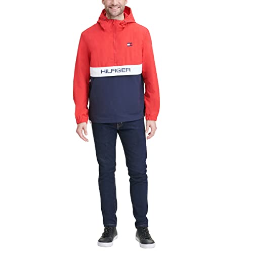 Tommy Hilfiger Men's Lightweight Taslan Hooded Popover Windbreaker Jacket Outerwear, -Red/Navy Color Block, Large