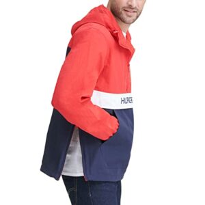 Tommy Hilfiger Men's Lightweight Taslan Hooded Popover Windbreaker Jacket Outerwear, -Red/Navy Color Block, Large