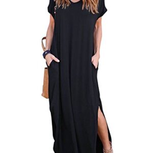 HUSKARY Women's Summer Maxi Dress Casual Loose Pockets Long Dress Short Sleeve Split